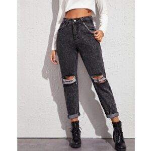 SHEIN Charcoal Distressed Ripped Detail Mom Jeans with Remove able Chain